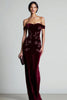 Load image into Gallery viewer, Burgundy Velvet Off the Shoulder Maxi Floral Holiday Party Dress