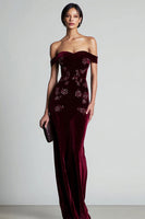 Load image into Gallery viewer, Burgundy Velvet Off the Shoulder Maxi Floral Holiday Party Dress
