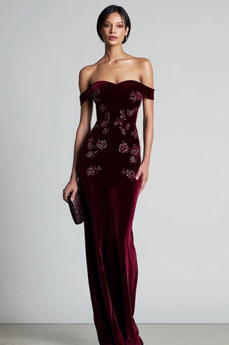 Burgundy Velvet Off the Shoulder Maxi Floral Holiday Party Dress