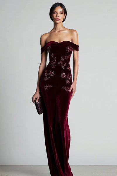 Burgundy Velvet Off the Shoulder Maxi Floral Holiday Party Dress