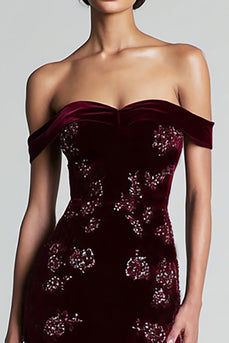 Burgundy Velvet Off the Shoulder Maxi Floral Holiday Party Dress