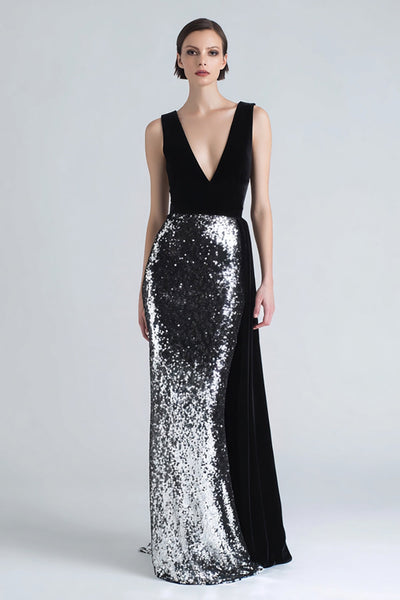 Sparkly Black and Silver Maxi Mermaid Holiday Party Dress with Side Cape
