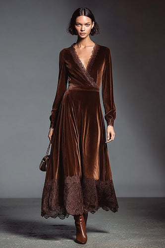 Coffee V-Neck Long Sleeves Velvet Holiday Party Dress with Lace