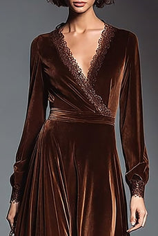 Coffee V-Neck Long Sleeves Velvet Holiday Party Dress with Lace