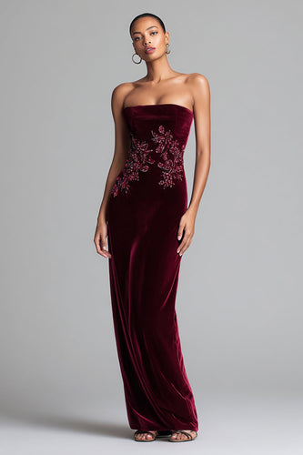 Burgundy Velvet Strapless Floral Long Holiday Party Dress