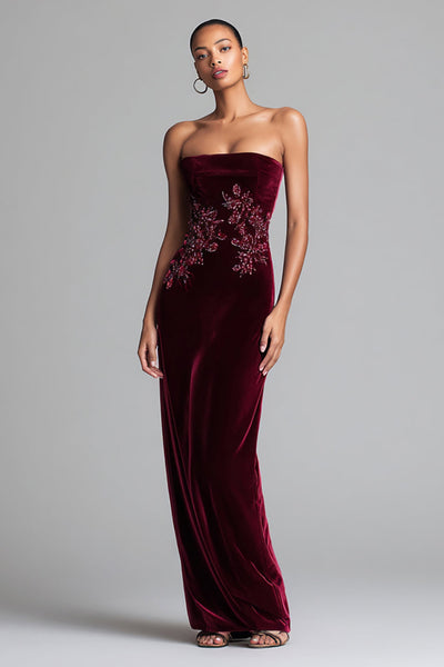 Burgundy Velvet Strapless Floral Long Holiday Party Dress
