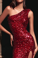 Load image into Gallery viewer, Sparkly Red Sequin One Shoulder Maxi Holiday Party Dress with Slit