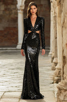 Load image into Gallery viewer, Sparkly Black Sequin V-Neck Cut Out Maxi Holiday Party Dress with Sleeves