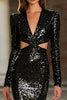 Load image into Gallery viewer, Sparkly Black Sequin V-Neck Cut Out Maxi Holiday Party Dress with Sleeves