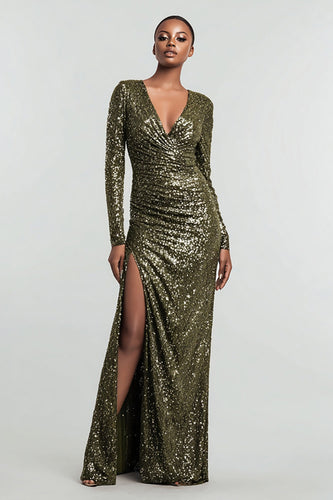 Sparkly Olive Long Sleeves Sequin Holiday Party Dress with Slit