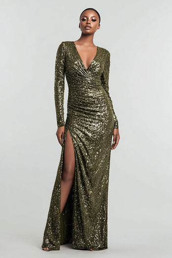 Sparkly Olive Long Sleeves Sequin Holiday Party Dress with Slit
