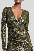 Load image into Gallery viewer, Sparkly Olive Long Sleeves Sequin Holiday Party Dress with Slit