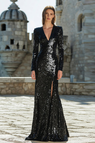Sparkly Black Mermaid Sequin Maxi Holiday Party Dress with Sleeves