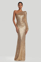 Load image into Gallery viewer, Sparkly Gold Mermaid Long Sequin Holiday Party Dress with Sleeves