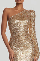 Load image into Gallery viewer, Sparkly Gold Mermaid Long Sequin Holiday Party Dress with Sleeves