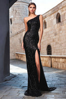Load image into Gallery viewer, Sparkly Black Sequin One Shoulder Mermaid Maxi Holiday Party Dress