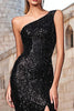 Load image into Gallery viewer, Sparkly Black Sequin One Shoulder Mermaid Maxi Holiday Party Dress