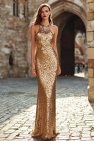 Load image into Gallery viewer, Queendancer UK Women Sparkly Gold Cut Out Long Holiday Party Dress Mermaid Sequin Evening Dress