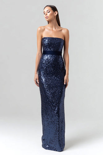 Sparkly Navy Strapless Long Sequin Holiday Party Dress