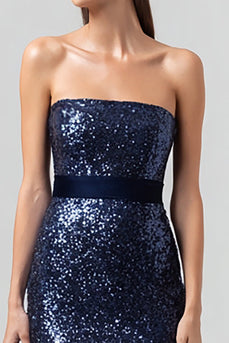 Sparkly Navy Strapless Long Sequin Holiday Party Dress