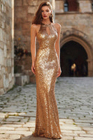 Load image into Gallery viewer, Sparkly Gold Sequin Mermaid Keyhole Maxi Holiday Party Dress