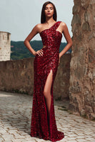 Load image into Gallery viewer, Sparkly Red Sequin One Shoulder Mermaid Maxi Holiday Party Dress