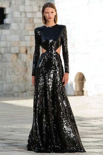 Sparkly Black Sequin Cut Out Long Sleeves Holiday Party Dress