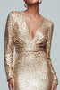 Load image into Gallery viewer, Sparkly Gold Sequin V-Neck Mermaid Long Sleeves Holiday Party Dress