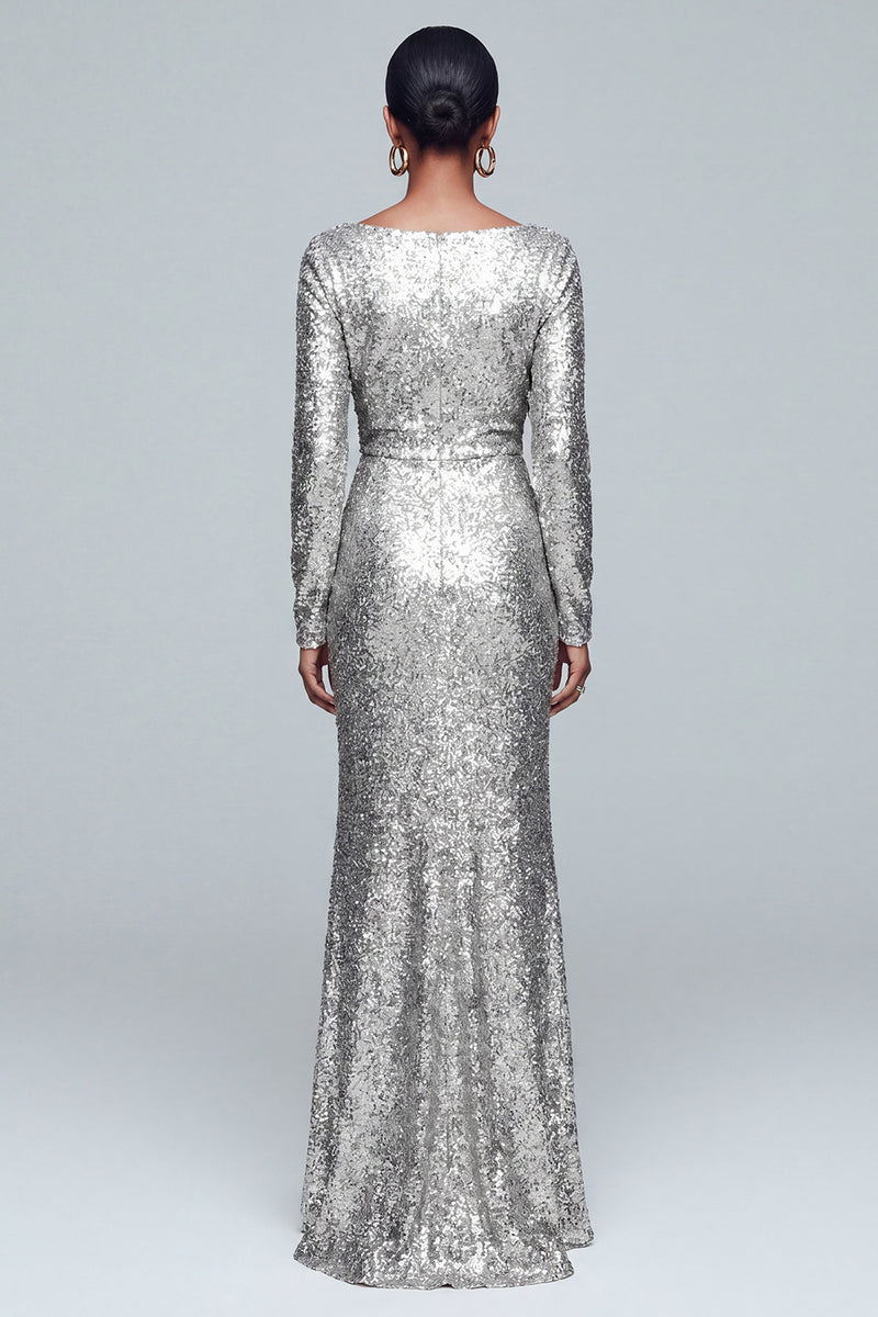 Load image into Gallery viewer, Sparkly Gold Sequin V-Neck Mermaid Long Sleeves Holiday Party Dress