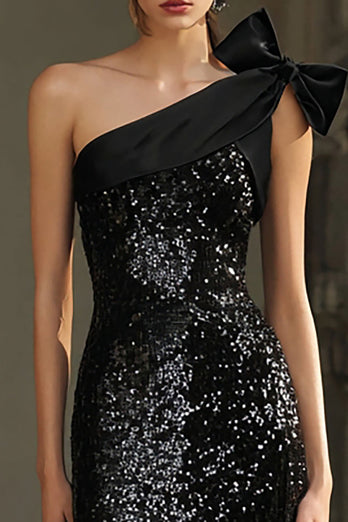 Sparkly Black One Shoulder Sequins Maxi Holiday Party Dress with Bow