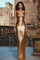 Load image into Gallery viewer, Sparkly Gold Scoop Neck Sequin Long Holiday Party Dress
