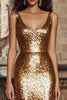 Load image into Gallery viewer, Sparkly Gold Scoop Neck Sequin Long Holiday Party Dress