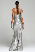 Load image into Gallery viewer, Sparkly Silver Strapless Maxi Sequin Holiday Party Dress with Slit
