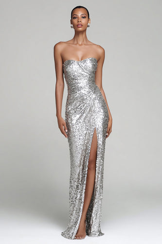 Sparkly Silver Strapless Maxi Sequin Holiday Party Dress with Slit