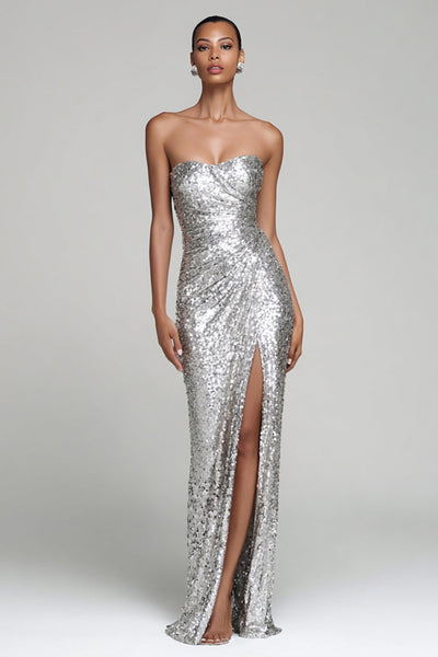 Queendancer UK Women Sparkly Sequin Silver Holiday Party Dress with Slit Ruched Strapless Maxi Formal Dress