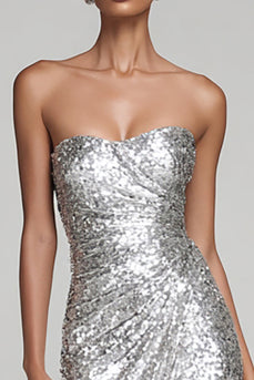 Sparkly Silver Strapless Maxi Sequin Holiday Party Dress with Slit