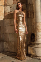 Load image into Gallery viewer, Sparkly Gold Halter Sequin Sheath Maxi Holiday Party Dress