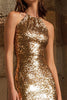 Load image into Gallery viewer, Sparkly Gold Halter Sequin Sheath Maxi Holiday Party Dress