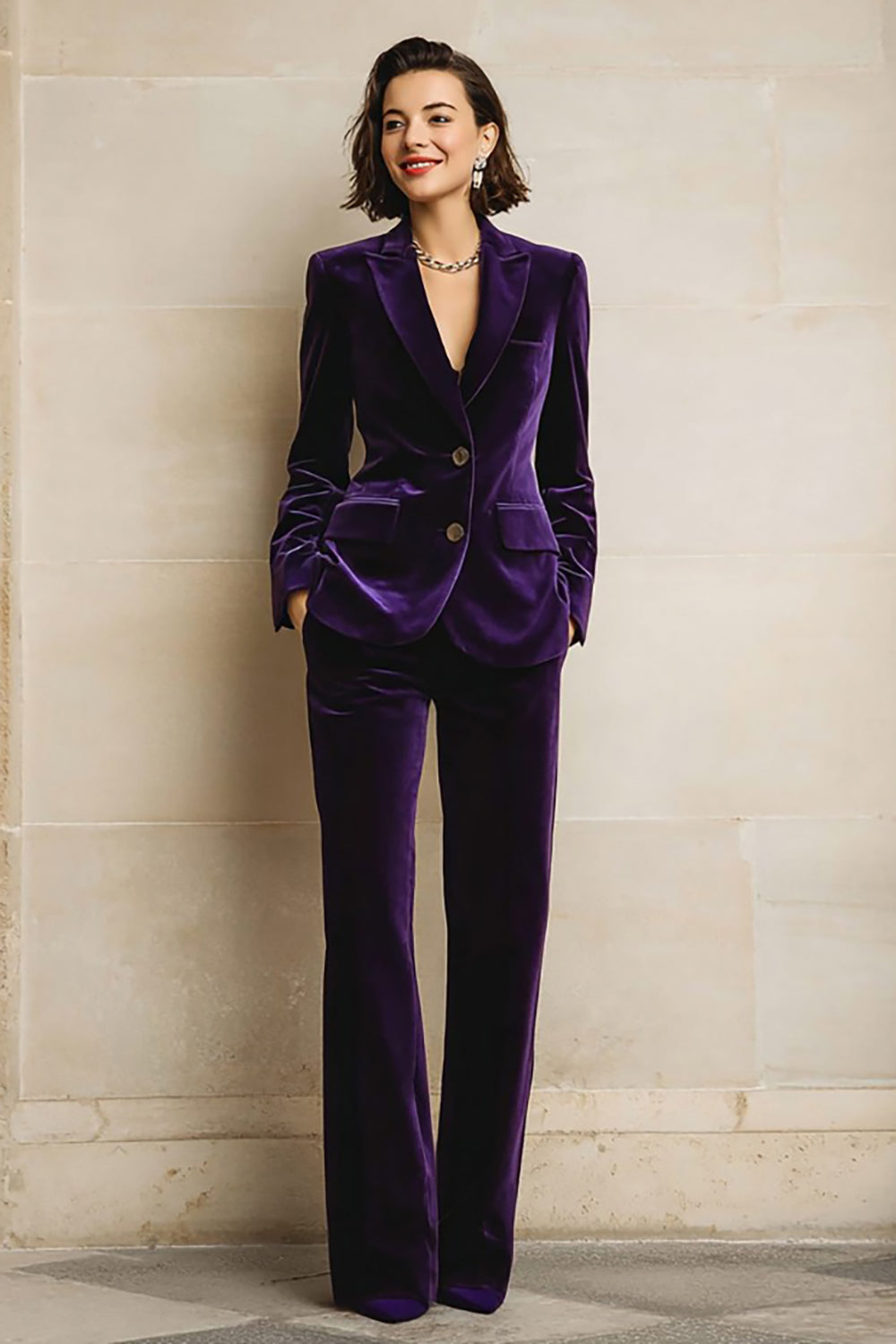 2 Piece Plum Velvet Peak Lapel Prom Suits with Pockets
