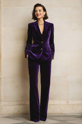 2 Piece Plum Velvet Peak Lapel Prom Suits with Pockets