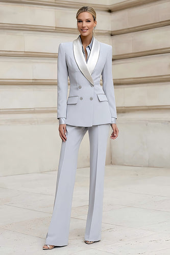 2 Piece Light Grey Shawl Lapel Double Breasted Prom Suits