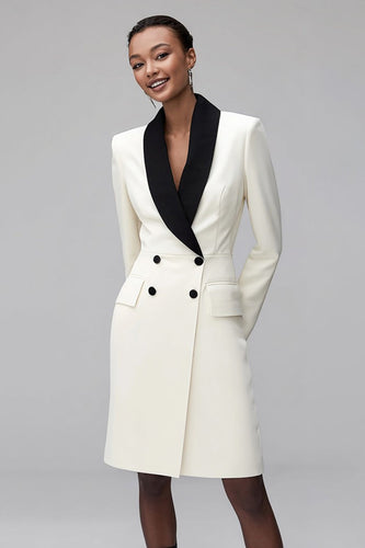 Ivory Black Double Breasted Shawl Lapel Short Blazer Dress with Sleeves