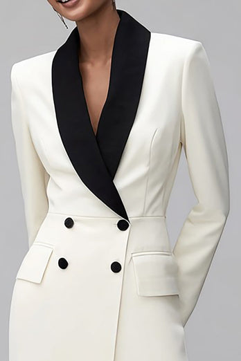 Ivory Black Double Breasted Shawl Lapel Short Blazer Dress with Sleeves