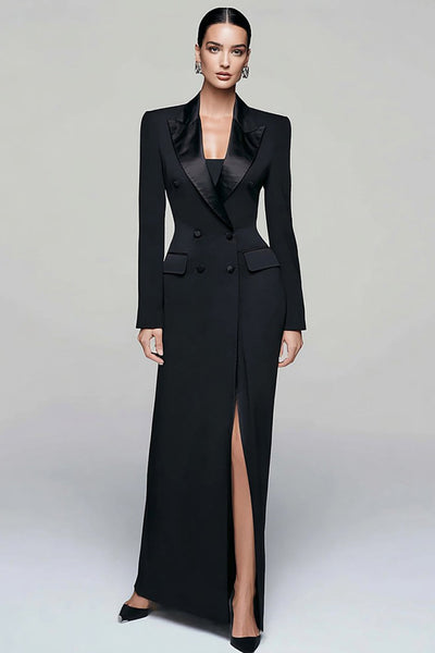 Black Peak Lapel Double Breasted Pencil Long Blazer Dress with Sleeves