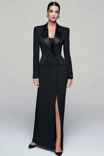Black Peak Lapel Double Breasted Pencil Long Blazer Dress with Sleeves