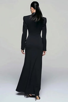 Black Peak Lapel Double Breasted Pencil Long Blazer Dress with Sleeves