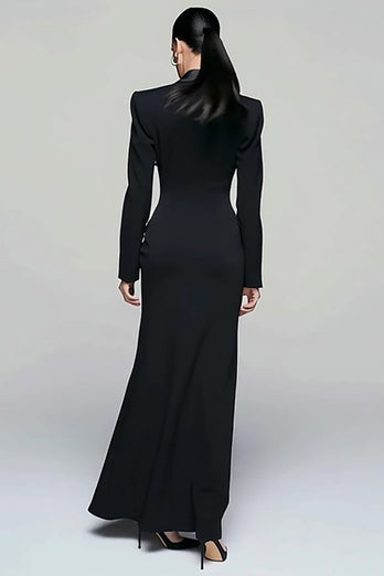 Black Peak Lapel Double Breasted Pencil Long Blazer Dress with Sleeves