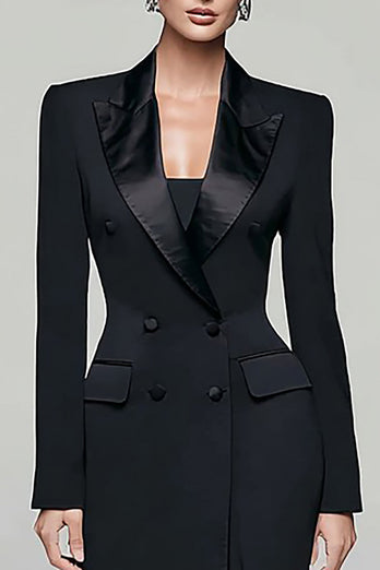 Black Peak Lapel Double Breasted Pencil Long Blazer Dress with Sleeves