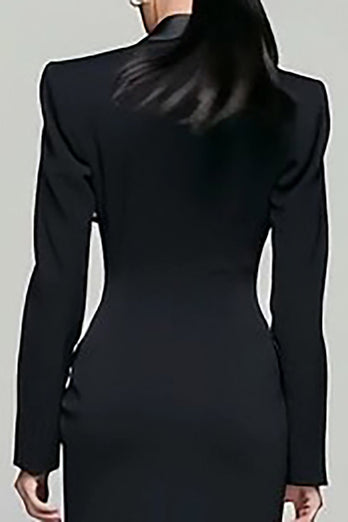 Black Peak Lapel Double Breasted Pencil Long Blazer Dress with Sleeves
