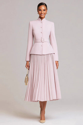 2 Piece Light Pink High Neck Pleated Business Suits with Belt